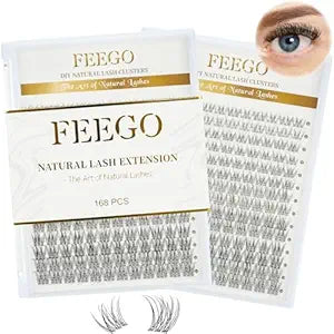 FEEGO Natural Lash Extension Kit 168Pcs Lash Clusters Kit Wispy Eyelash Extensions Individual Lashes Extensions with Bond and Seal Lash Glue and Eyelash Extension Tweezers DIY (Mix Match Styles)