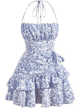 Narecte Summer Dresses for Women,Tie Halter Mini Dress,Floral Print Short Dress,Ruffle Trim Casual Dresses Blue S