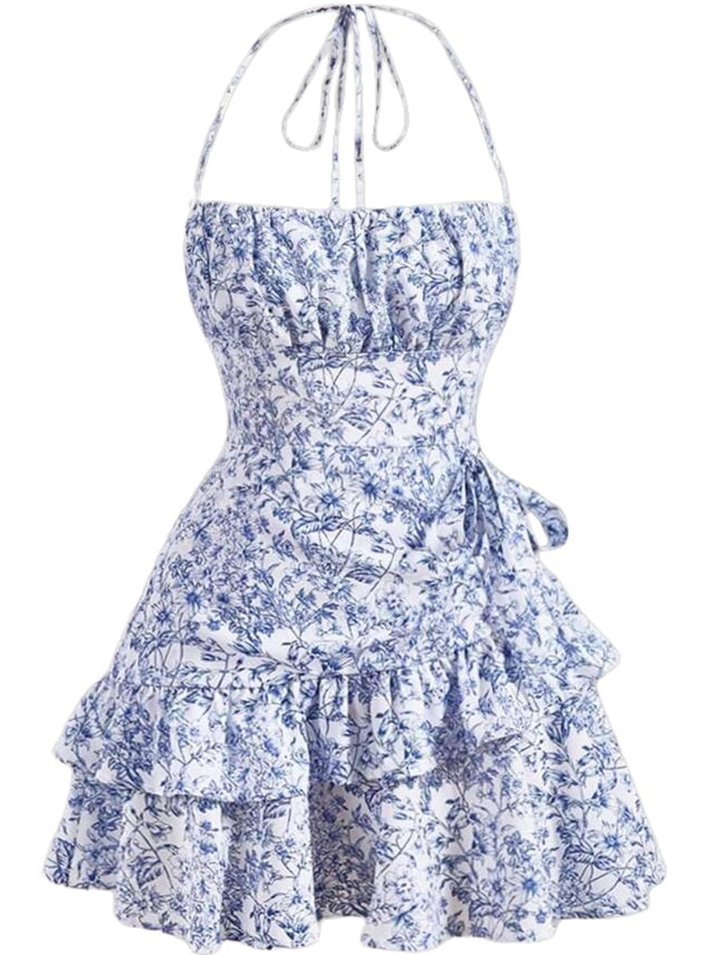 Narecte Summer Dresses for Women,Tie Halter Mini Dress,Floral Print Short Dress,Ruffle Trim Casual Dresses Blue S