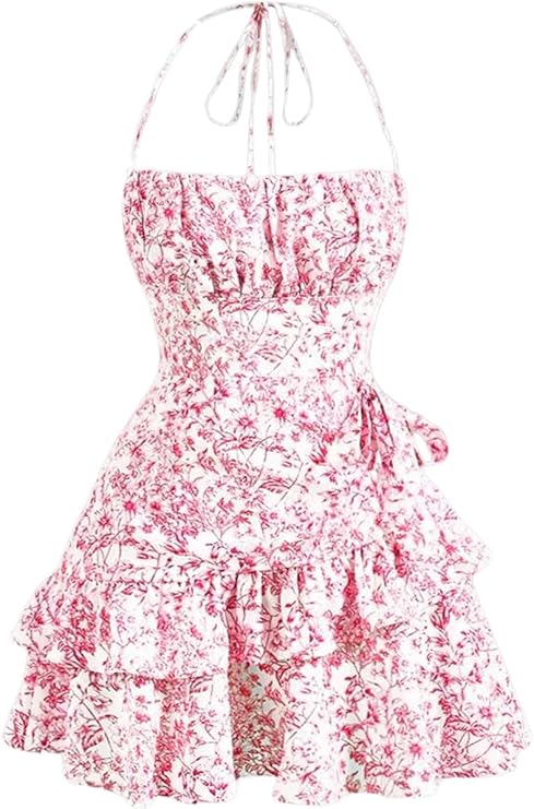 Narecte Summer Dresses for Women,Tie Halter Mini Dress,Floral Print Short Dress,Ruffle Trim Casual Dresses Blue S