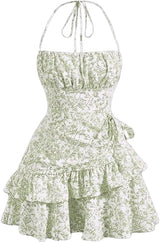 Narecte Summer Dresses for Women,Tie Halter Mini Dress,Floral Print Short Dress,Ruffle Trim Casual Dresses Blue S