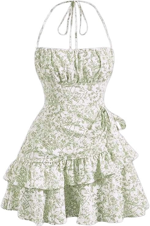 Narecte Summer Dresses for Women,Tie Halter Mini Dress,Floral Print Short Dress,Ruffle Trim Casual Dresses Blue S