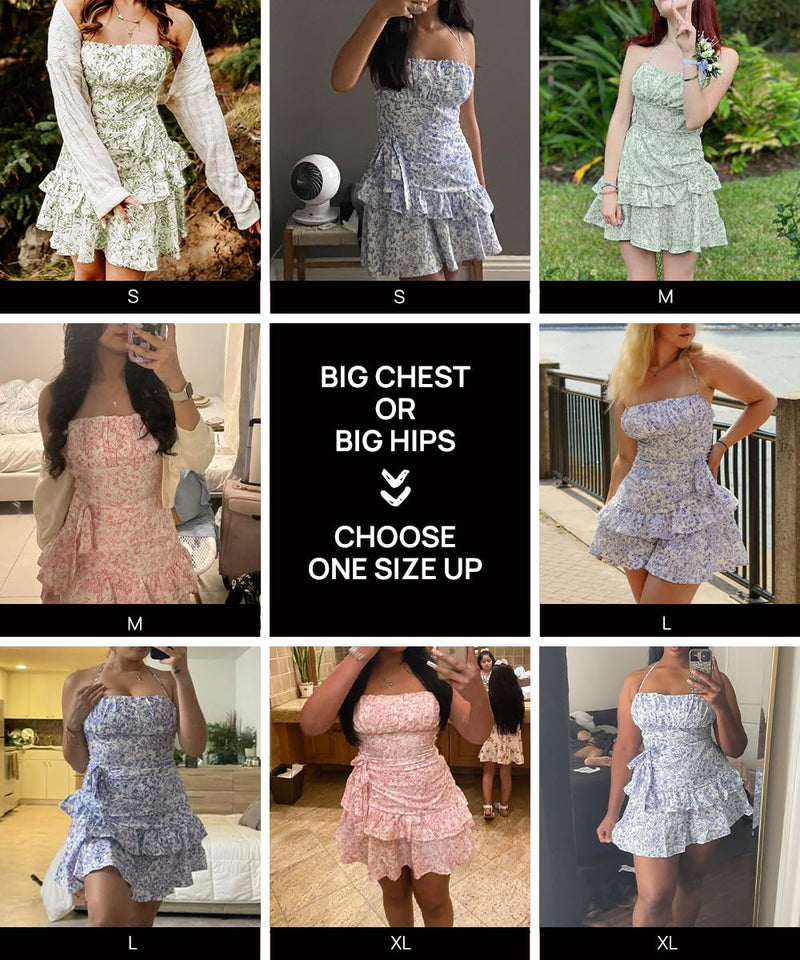 Narecte Summer Dresses for Women,Tie Halter Mini Dress,Floral Print Short Dress,Ruffle Trim Casual Dresses Blue S