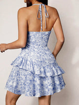 Narecte Summer Dresses for Women,Tie Halter Mini Dress,Floral Print Short Dress,Ruffle Trim Casual Dresses Blue S