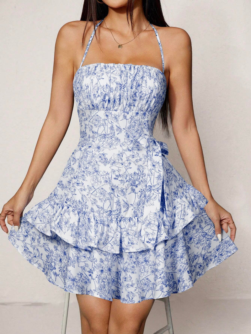 Narecte Summer Dresses for Women,Tie Halter Mini Dress,Floral Print Short Dress,Ruffle Trim Casual Dresses Blue S