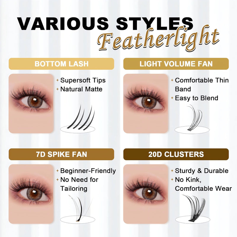 FEEGO Natural Lash Extension Kit 168Pcs Lash Clusters Kit Wispy Eyelash Extensions Individual Lashes Extensions with Bond and Seal Lash Glue and Eyelash Extension Tweezers DIY (Mix Match Styles)