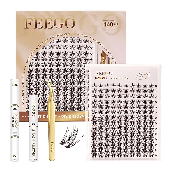 FEEGO Natural Lash Extension Kit 168Pcs Lash Clusters Kit Wispy Eyelash Extensions Individual Lashes Extensions with Bond and Seal Lash Glue and Eyelash Extension Tweezers DIY (Mix Match Styles)