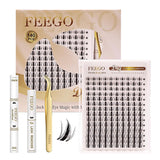 FEEGO Natural Lash Extension Kit 168Pcs Lash Clusters Kit Wispy Eyelash Extensions Individual Lashes Extensions with Bond and Seal Lash Glue and Eyelash Extension Tweezers DIY (Mix Match Styles)