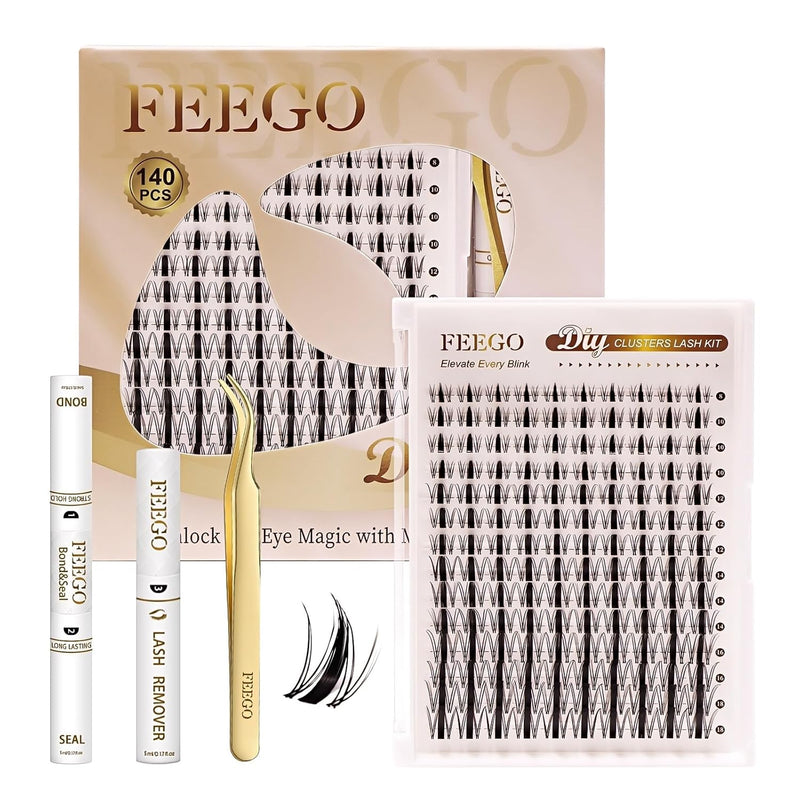 FEEGO Natural Lash Extension Kit 168Pcs Lash Clusters Kit Wispy Eyelash Extensions Individual Lashes Extensions with Bond and Seal Lash Glue and Eyelash Extension Tweezers DIY (Mix Match Styles)